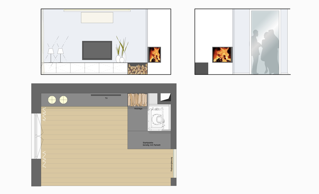 Innenarchitekt Andreas Ptatscheck, München, stellte den Kaminentwurf für das Einfamilienhaus mit Holzlege und anschließendem Sideboard detailliert im Grundriss und in Ansichten dar.