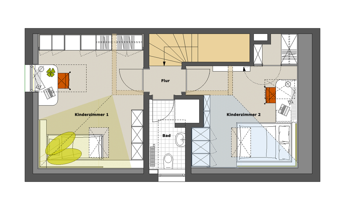 Die Grundfläche des Dachgeschosses ist durch niedrige Dachschrägen stark eingeschränkt. Maßgenaue Einbauschränke schaffen viel Stauraum und nutzen das Raumvolumen optimal aus.