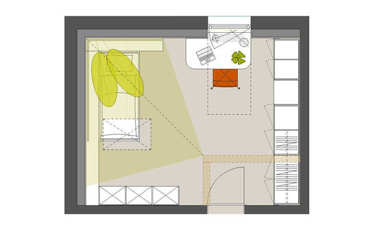 Der Grundriss zeigt die Raumaufteilung des Kinderzimmers. Die klare Anordnung der Raumbereiche mit Einbaumöbeln ermöglicht trotz kleiner Grundfläche viel Platz zum Spielen. 
