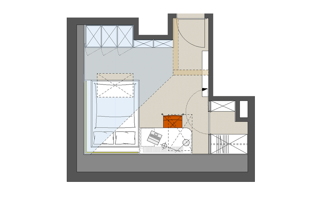 Kinderbett und Schreibtisch bilden eine Einheit und sind im Bereich der Dachflächenfenster angeordnet. Die blaue Wandfarbe der Dachschräge wurde bis hinter das offene Regal geführt.