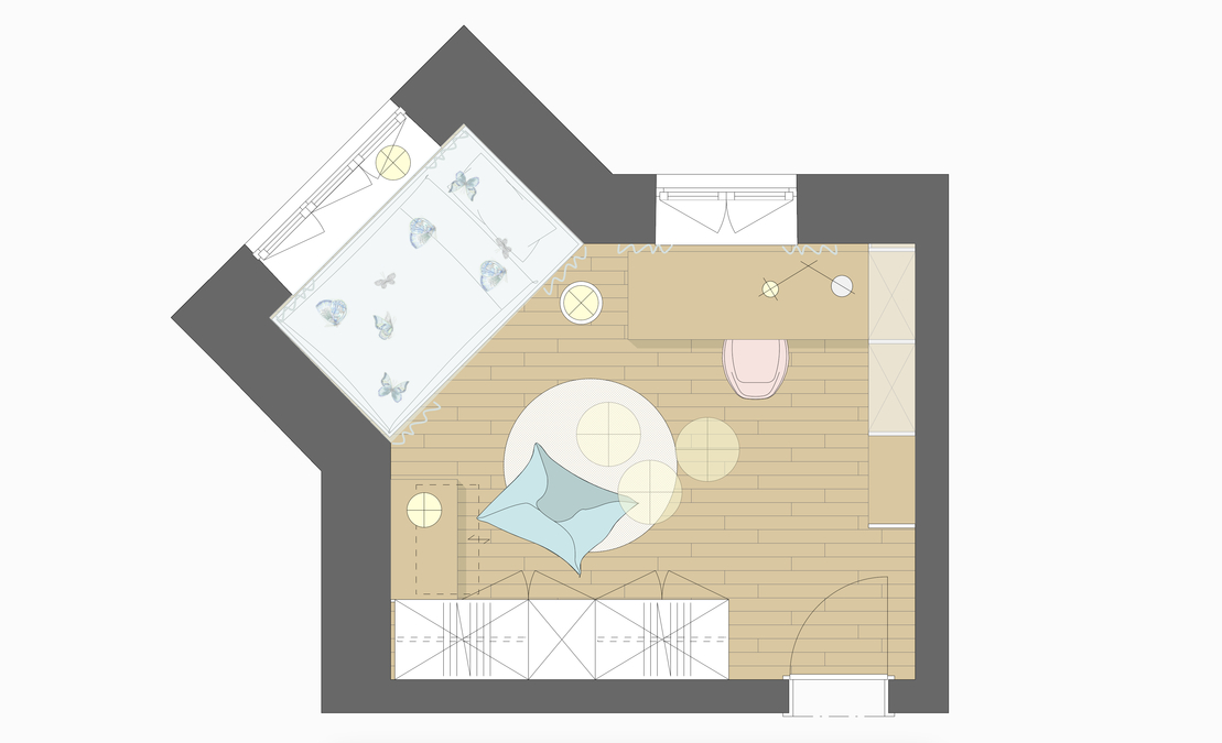 Innenarchitekt und Interior Designer Andreas Ptatscheck, München, entwarf das Kinderzimmer und stellte das Raumkonzept im Grundriss dar.