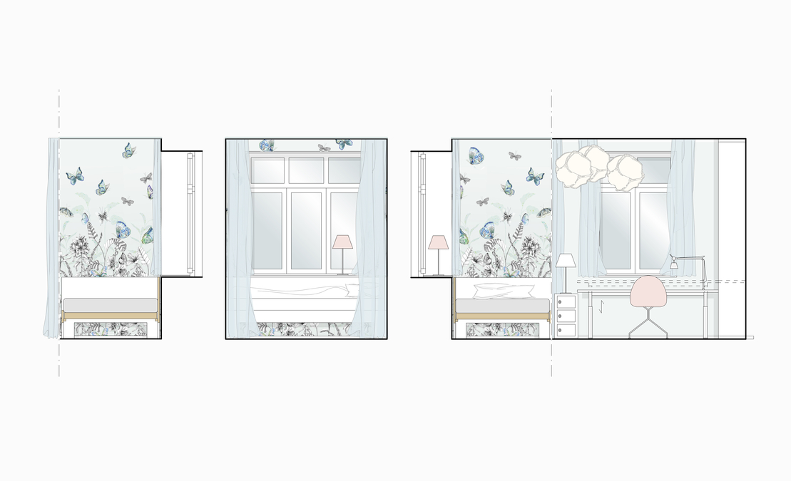 Innenarchitekt und Interior Designer Andreas Ptatscheck, München, entwarf das Kinderzimmer und stellte das phantasievolle Raumkonzept mit Tapeten mit Schmetterlingen als Ansicht dar.