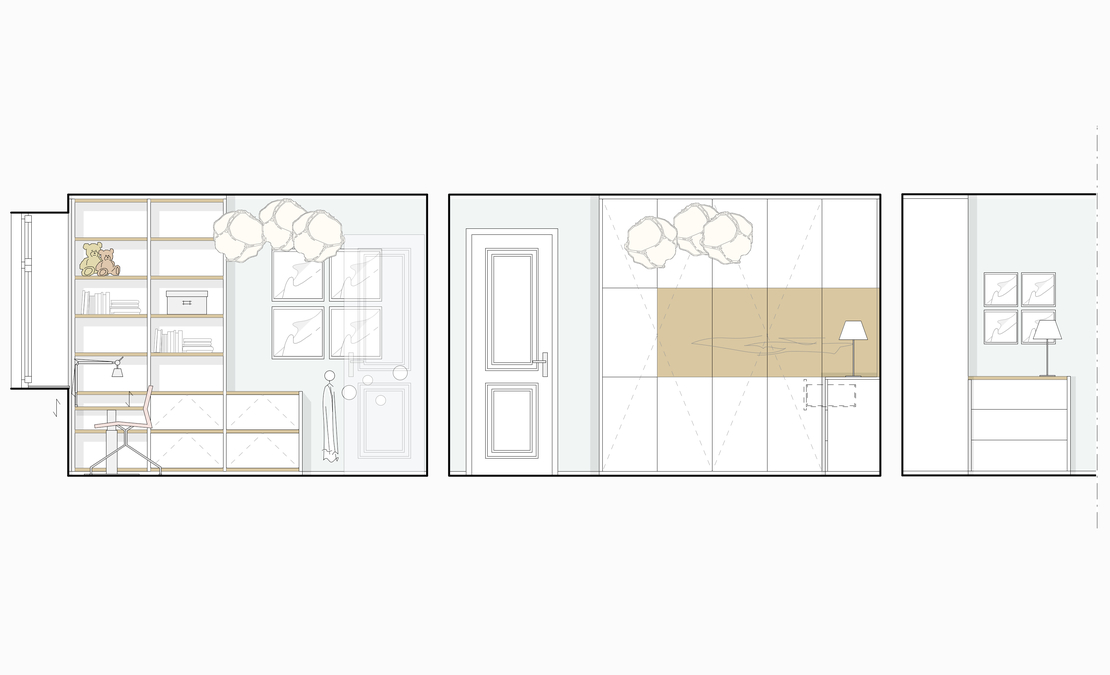 Innenarchitekt und Interior Designer Andreas Ptatscheck, München, entwarf das Kinderzimmer und stellte das Raumkonzept mit Schreinereinbauten und Möbeln als Ansicht dar.