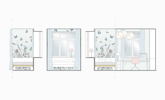Innenarchitekt und Interior Designer Andreas Ptatscheck, München, entwarf das Kinderzimmer und stellte das phantasievolle Raumkonzept mit Tapeten mit Schmetterlingen als Ansicht dar.