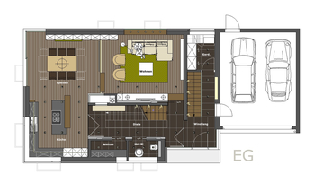 Das Erdgeschoss des Einfamilienhauses beherbergt den Wohnbereich, das Speisezimmer, die Küche und eine großzügige Diele mit Luftraum sowie eine separate Garderobe.