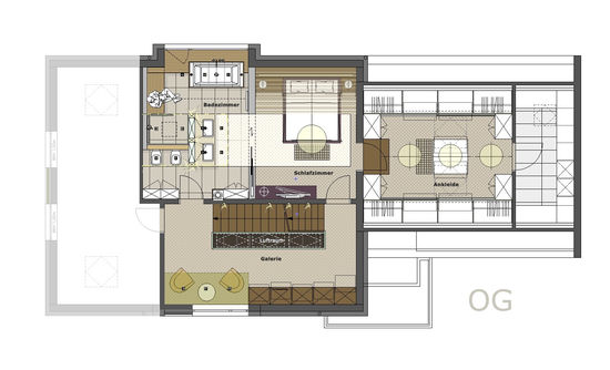 Das Obergeschoss des Einfamilienhauses beherbergt die privaten Bereiche wie Badezimmer, Schlafzimmer und Ankleidezimmer. Eine großzügige Galerie macht den Luftraum zum EG erfahrbar.