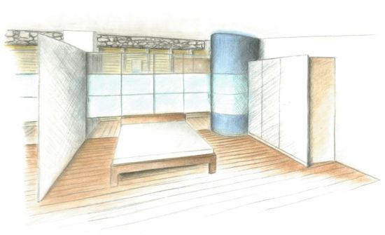 Der Schlafbereich ist vor dem Badezimmer an der Außenfassade angeordnet. Das WC befindet sich in einem abgeschlossenen seitlichen Zylinder.