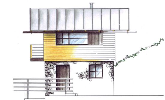 Die Ferienhütte mit Balkon schmiegt sich an den Hang. Fenster sitzen mit leichtem Rücksprung in der Holzfassade und sind dunkel zum sonst hellen Holz abgesetzt.