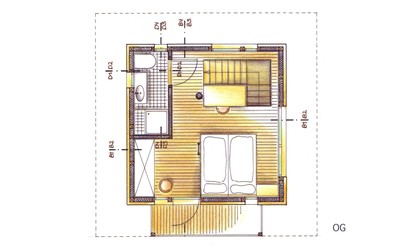 Im Obergeschoss finden sich Duschbad mit WC, das Schlafzimmer mit Doppelbett und einem Zusatzbett unter dem First, ein Schreibtisch sowie ein Kleiderschrank.