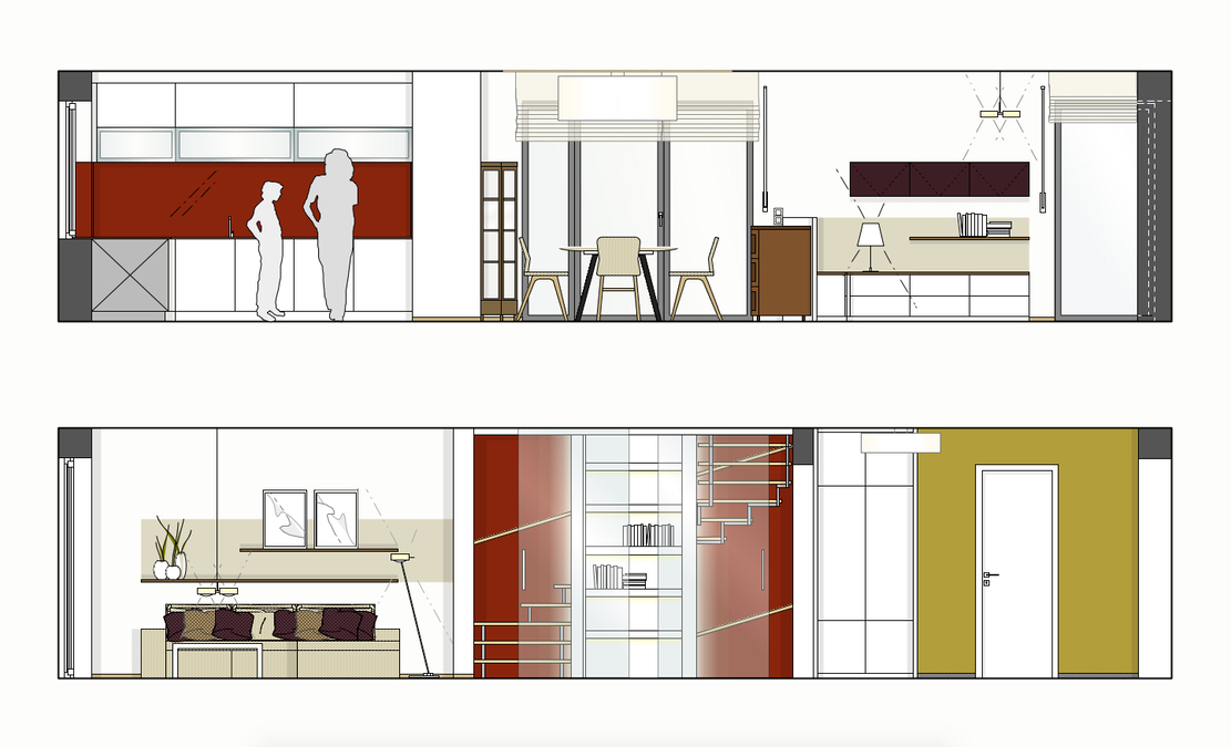 Farben und Oberflächen bilden ein fein aufeinander abgestimmtes Spiel im Raum, tauchen an verschiedenen Stellen des Raumes wieder auf und nehmen gegenseitig Bezug.