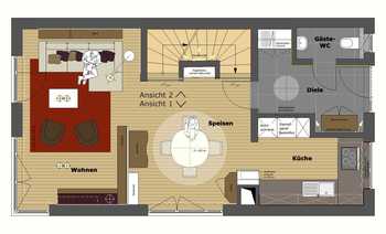 Das Erdgeschoss bringt Küche, Speisezimmer und Wohnraum unter. Die Flächen der einzelnen Wohnfunktionen gehen fließend ineinander über, Farben und Details sind aufeinander abgestimmt.