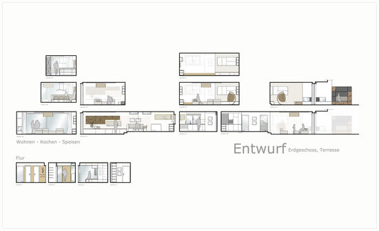 Innenarchitekt und Interior Designer Andreas Ptatscheck, München gestaltete den Küchen-, Speise- und Wohnraum der Doppelhaushälfte mit Schreinereinbauten und Handelsmöbeln.