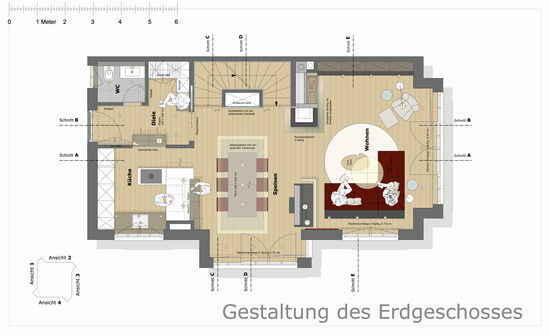 Innenarchitekt und Interior Designer Andreas Ptatscheck, München, gestaltete das Erdgeschoss der Doppelhaushälfte mit Diele, Küche, Speisebereich und Wohnzimmer.