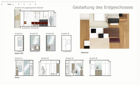 Innenarchitekt und Interior Designer Andreas Ptatscheck, München, stellte die ausgesuchten Farben und Materialien für das Wohngeschoss in einem Moodboard zusammen, um den Kunden die Wirkung und die angestrebte Atmosphäre zu verdeutlichen.