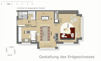 Innenarchitekt und Interior Designer Andreas Ptatscheck, München, integrierte einen Panoramakamin zwischen Wohn- und Speisebereich wie einen Raumteiler, der von allen Raumbereichen gut einsehbar ist.