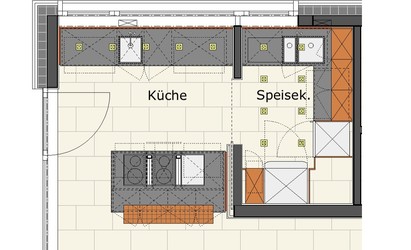 Die offene Wohnküche wird von einer Speisekammer bzw. Spülkammer ergänzt. Diese ist durch eine Schiebetür abtrennbar, so dass schmutziges Geschirr verschwindet.