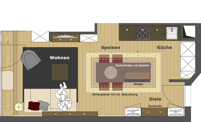 Der Grundriss der Küche zeigt die zentrale Lage der Arbeitsinsel mit Essplatz innerhalb des Appartements, ebenso den fließenden Übergang zum direkt angrenzenden Wohnraum.