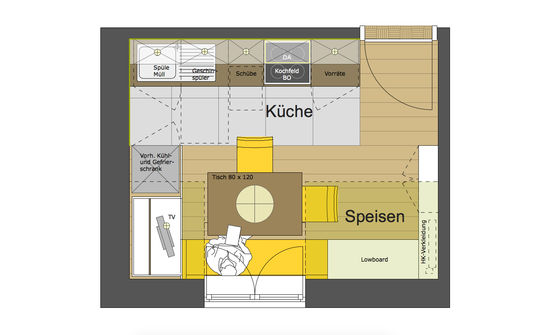 Der Grundriss zeigt die Aufteilung der Küche mit der Küchenzeile, dem Speisebereich mit Sitzbank, Esstisch und zwei Stühlen, Fußboden mit Parkett und Bodenfliesen.