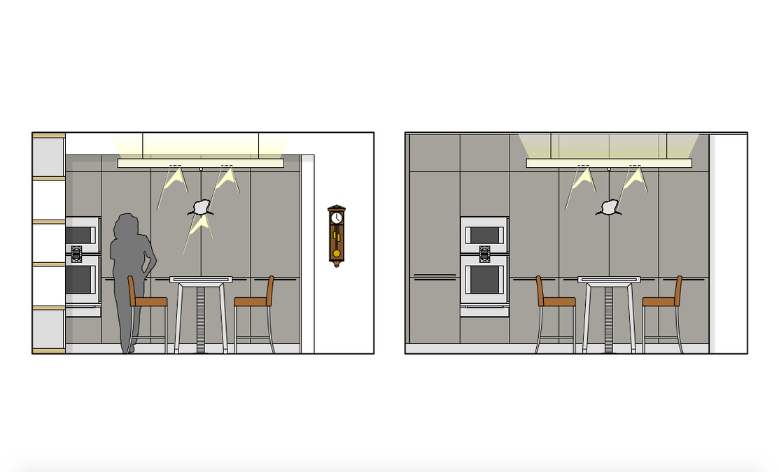 Die Fronten der vollständig geschlossenen Küchenzeile bestehen aus Aluminium mit bronzefarbenen Oberflächen, nur der Backofen ist von außen sichtbar.