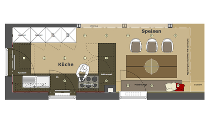 Die Grundform der Küche wurde von Innenarchitekt Andreas Ptatscheck, München, U-förmig geplant, sie wird aus Unterschränken und Hängeschränken gebildet, rückwärtig ist eine Wand mit Hochschränken belegt, diese beinhalten Küchengeräte.