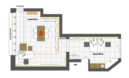 Der Grundriss zeigt die Aufteilung von Laden und Backoffice in verschiedene Raumzonen. Polierte Fliesen aus Feinsteinzeug bilden den Bodenbelag mit Großformaten.