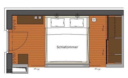 Das Bett belegt das Zentrum des Raumes. Durch den Zugang von zwei Seiten über Schiebetüren wirkt das Zimmer dennoch großzügig und geräumig, Einbauschrank.