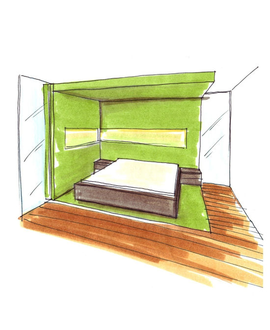 Die perspektivische Skizze verdeutlicht die Entwurfsidee eines Raumes im Raum und einer Schlafkoje. Die Zeichnung sieht auch einen grünen Bodenbelag vor.