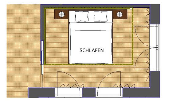 Der Grundriss zeigt die Position des Schlafzimmers direkt neben dem Badezimmer. Der Zugang erfolgt über eine Schiebtür die in einer Wandtasche geparkt wird.