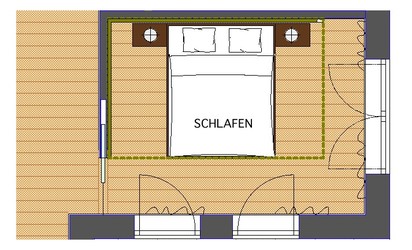 Der Grundriss zeigt die Position des Schlafzimmers direkt neben dem Badezimmer. Der Zugang erfolgt über eine Schiebtür die in einer Wandtasche geparkt wird.