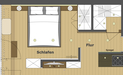 Der Grundriss verdeutlicht die kompakte Nutzung der Grundfläche innerhalb des Appartements bei gleichzeitig großzügigem Raumeindruck, die Raumbereiche gehen fließend ineinander über.
