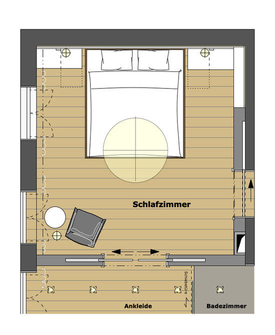 Innenarchitekt und Interior Designer Andreas Ptatscheck, München, baute das Einfamilienhaus um und gestaltete die Innenarchitektur und das Interior Design für das Elternschlafzimmer.