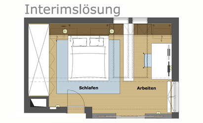 Innenarchitekt und Interior Designer Andreas Ptatscheck, München, baute das Dachgeschoss der Doppelhaushälfte um und gestaltete die Innenarchitektur und das Interior Design für den Schlafraum mit einem Arbeitsplatz.