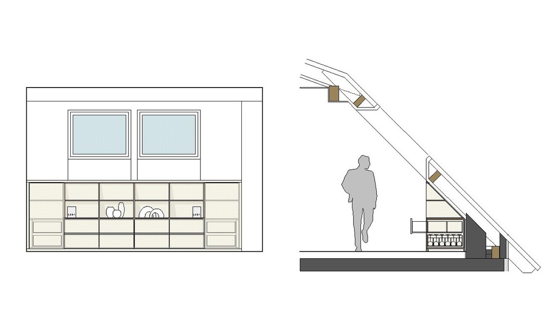 Der Geschirrschrank ist unter der Dachschräge eingebaut. Schubkästen mit speziellen Einteilungen bieten Platz für Geschirr, Besteck und Tischwäsche.