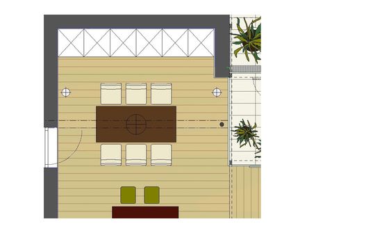 Das Esszimmer liegt unter einer Dachschräge mit Dachfenster, wird über den Wintergarten mit Tageslicht versorgt. Es ist gegenüber der offenen Küche angeordnet.