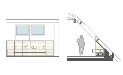 Der Geschirrschrank ist unter der Dachschräge eingebaut. Schubkästen mit speziellen Einteilungen bieten Platz für Geschirr, Besteck und Tischwäsche.