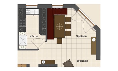 Der Grundriss zeigt die fließend in Diele und Speisebereich übergehende Wohnfläche. Die Terrasse wirkt als Fortführung des Wohnraumes im Außenbereich.