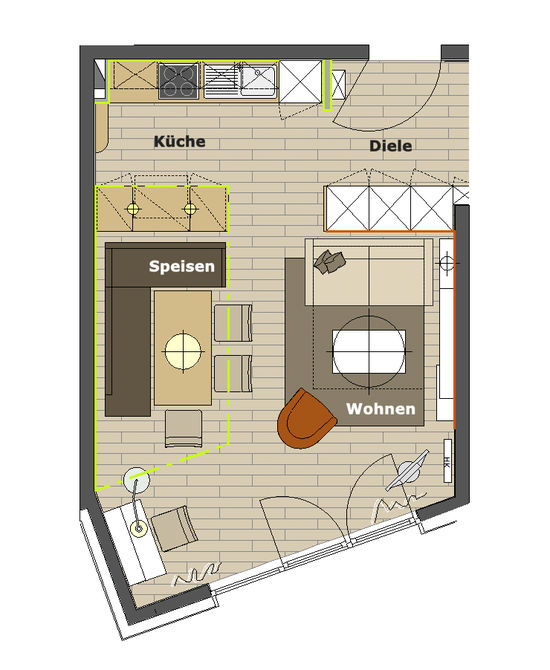 Der Grundriss zeigt die Gleichberechtigung von Speisebereich und Wohnbereich innerhalb der Fläche des multifunktionalen Gesamtraumes der Ferienwohnung, Grundrissplanung.