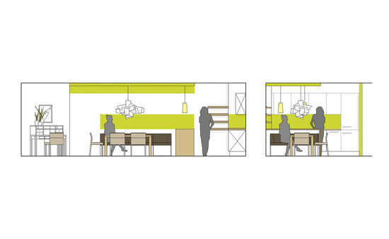 Der Speisebereich wird mit Farbflächen an den Wänden und der Abhangdecke definiert. Das Farbkonzept wird in der Küche weitergeführt und verbindet so die Wohnfunktionen.