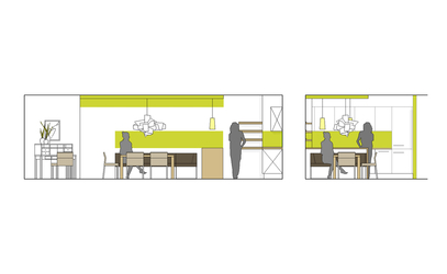 Der Speisebereich wird mit Farbflächen an den Wänden und der Abhangdecke definiert. Das Farbkonzept wird in der Küche weitergeführt und verbindet so die Wohnfunktionen.