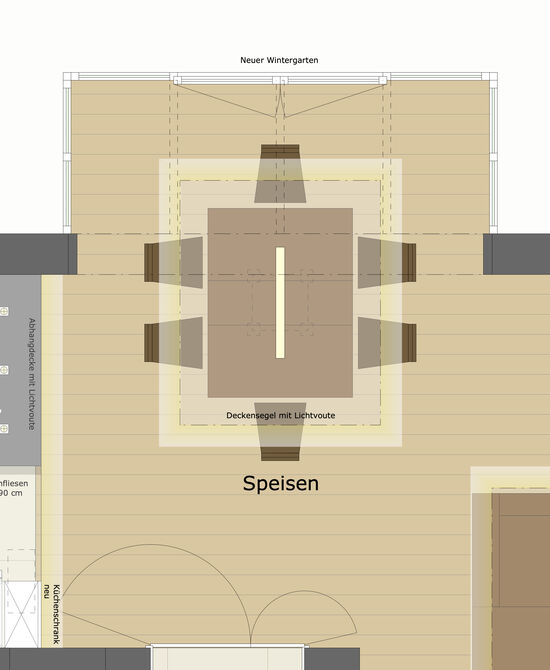 Innenarchitekt und Interior Designer Andreas Ptatscheck, München, erarbeitete die Planung für den Speisebereich im Wintergarten und stellte den Entwurf im Grundriss dar. Innenarchitekt und Interior Designer Andreas Ptatscheck, München, erarbeitete die Planung für den Speisebereich im Wintergarten und stellte den Entwurf im Grundriss dar.