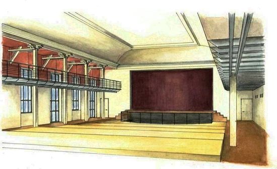 Der Theatersaal zeigt das historische Gebälk der Galerie und die üppige Stuckdecke. Der übrige Ausbau ordnet sich formal unter,  zeigt aber edles Material.