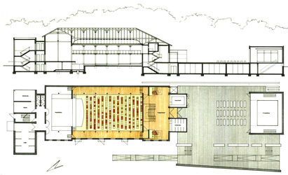 Der Entwurf vereint historistischen Fachwerkbau mit modernen Baukörpern. Unter der Terrasse der Außenbühne sind Unterrichtsräume der Opernschule eingerichtet.