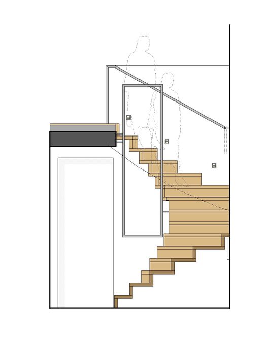 Ein Rahmen im Treppenauge ersetzt das Innengeländer und schafft eine großzügige und sichere Begehbarkeit. Durch das Design wirkt er als Objekt und Blickfang.