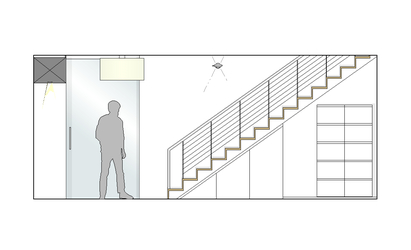 Der Raum unter der Treppe wurde als Stauraum genutzt und wird mit weiß lackierten Drehtüren abgeschlossen. Hier findet sich Platz für Schuhe und Staubsauger und Putzmittel.