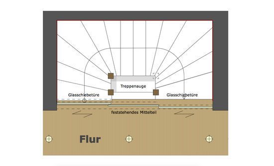 Innenarchitekt Andreas Ptatscheck, München, zeigt im Grundriss die Funktion der Glasschiebetüren vor dem Treppenlauf, die Treppe bindet sich wie selbstverständlich in das Raumkonzept der Innenarchitektur ein.