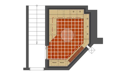 Magenaue Weinregale für stehende und liegende Weinflaschen sowie für Weinkisten umlaufen das Zentrum des Weinkellers, welcher von einem roten Deckenfeld überspannt wird. 