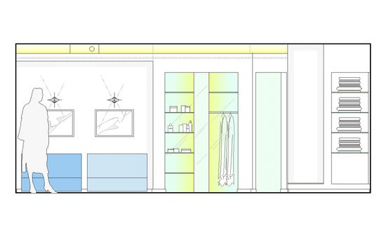 Die Sauna ist mit Leichtbauwänden verkleidet, eine Lichtvoute mit indirekter Beleuchtung geht in eine abgehängte Decke über, diese trägt Deckenlautsprecher.