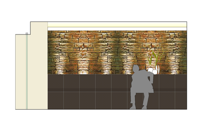 Die gemauerte Wärmebank ist mit großformatigen Fliesen aus Feinsteinzeug belegt und dient als Ruhebereich. Das rückwärtige Bruchsteinmauerwerk wird indirekt beleuchtet.