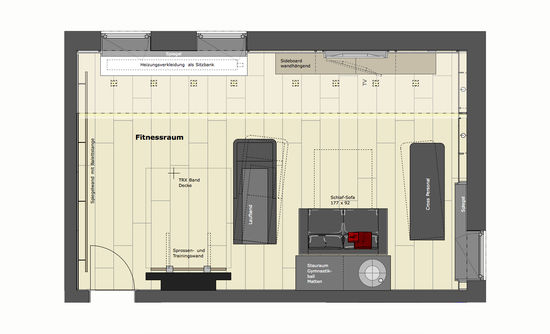 Interior Designer Andreas Ptatscheck, München, gestaltete das Interior Design des Fitnessraumes passend zur Innenarchitektur des Einfamilienhauses, Grundriss.