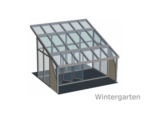 Die Zeichnung zeigt die Konstruktion des Wintergartens als Modell. Die Glasflächen im Glasdach finden ihre Entsprechung in den Fassadenelementen der Falttür.